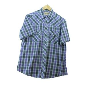 Wrangler Western Pearl Snap Shirt Mens L Purple Plaid Short Sleeve Cowboy Work